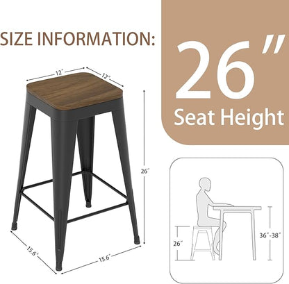 26 inch Backless Bar Stools Set of 4, Indoor Metal Bar Stools with Wood Seat, Industrial Counter Height Barstools for Kitchen Island, Black