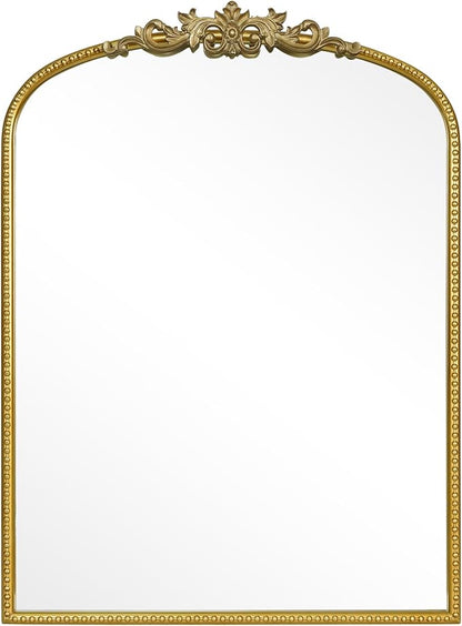 WallBeyond Gold Vintage Mirror for Vanity 28x36 Inch, Gold Antique Mirror with Ornate Frame, Arched Vintage Wall Mirror for Bathroom, Living Room, Fireplace, Entryway