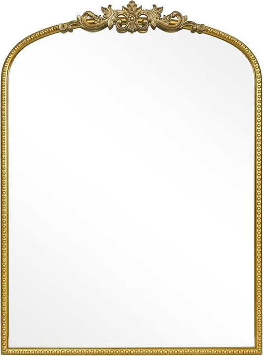 WallBeyond Gold Vintage Mirror for Vanity 28x36 Inch, Gold Antique Mirror with Ornate Frame, Arched Vintage Wall Mirror for Bathroom, Living Room, Fireplace, Entryway