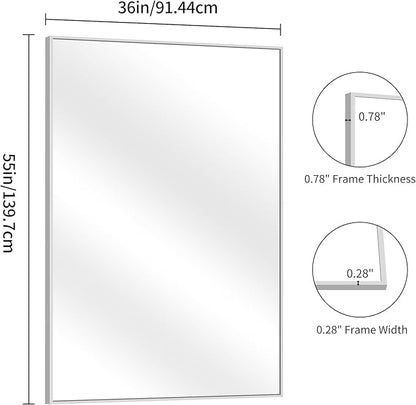YIROMAN Bathroom Mirror 55"x36", Large Brushed Silver Bathroom Mirror for Over Sink with Aluminum Frame, Rectangular Vanity Mirror with Right Angle, Wall Mirror Hangs Horizontal or Vertical