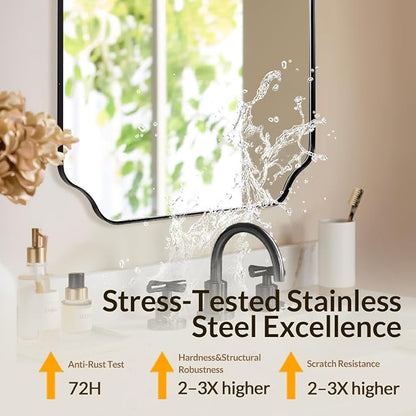 Black Wall Mirror, 24"x36" Black Scalloped Mirror, Unique Curved Edge Design, Anti-Rust SUS304 Frame, Hangs Vertical or Horizontal