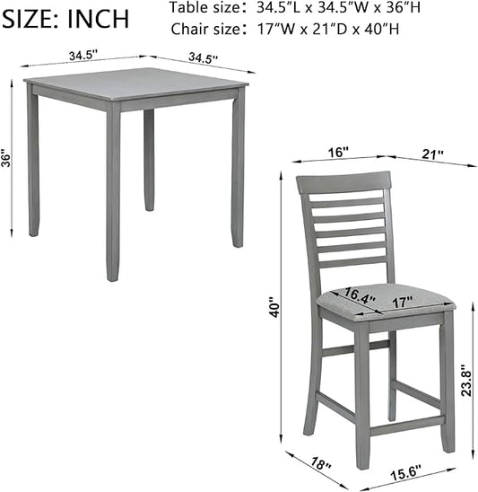 Dining Table Set for 4, Modern 5 Piece Dining Room Table Set with Square Table & 4 Ladder Backrest Upholstered Chairs, Counter Height Kitchen Chairs Set for Small Space, Gray
