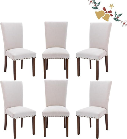 Set of 6 Beige Upholstered Dining Chairs, Farmhouse Kitchen Chairs with High Back, Solid Rubberwood Legs, Comfortable Padded Foam Seat, Bronze Nailhead Trim, Dining Room Chairs for Large Families