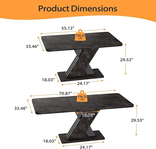 55"-70.87" Expandable Dining Table, Dinner Table for 4-8, Farmhouse Kitchen Table with X-Shaped Design Base, Rectangular Long Kitchen Table with Metal Track for Dining Room, Office-Marble