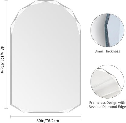 KOCUUY 30"x48" Frameless Mirror, Arched Shape with Diamond-Shaped Beveled Edge,Unframed Decorative with Upgraded Shatterproof Glass,Unique Frameless Mirror for Bathroom,Living Room,Bedroom