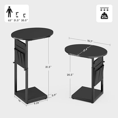 Vagusicc C Shaped End Table, Adjustable Height Small Side Table for Couch and Recliner, 32" Tall Couch Side Table Slide Under Sofa Tray Desk with Storage Bag for Living Room and Bedroom, Black