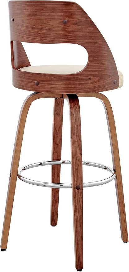 Armen Living Julius Mid Century Modern Swivel Bar Stool for Kitchen Island Counter in Cream Faux Leather and Walnut Wood, 26" Seat Height
