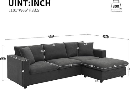100" Modern Sectional Sofa with Convertible Ottoman,L-Shaped Couch Set W/ 2 Free Pillows,4-seat Polyester Fabric Indoor Luxury Furniture for Living Room, Apartment,Office,Dawn Grey