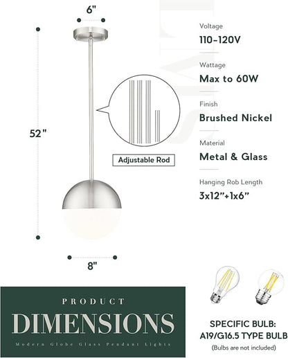 LMS Brushed Nickel Pendant Lights Kitchen Island, 8" Modern Globe Pendant Light Fixtures with Milk White Glass, Adjustable Hanging Lighting for Kitchen Island Sink Bedroom Bathroom, LMS-203