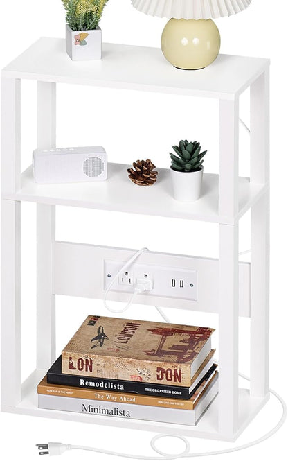 3-Tier Small Narrow Wood Side Table with Charging Station, Skinny Nightstand for Small Space, Slim Bedside Table with Storage for Couch, Thin End Table with USB Ports and Outlets, White