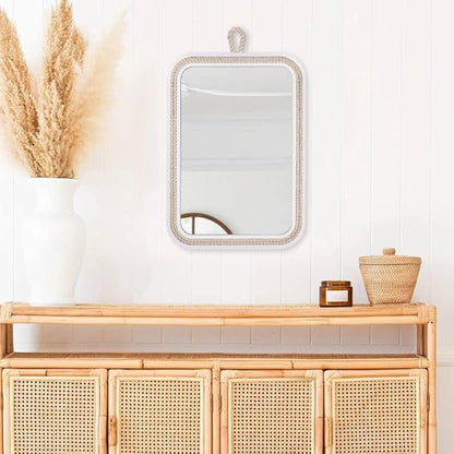 Nautical Rope Mirror Rectangular Hanging Mirrors for Wall 22''Lx16''W White Decorative Mirror Farmhouse Mirror with Rope for Bathroom,Livingroom,Entryway-Beachy Coastal Wall Decor