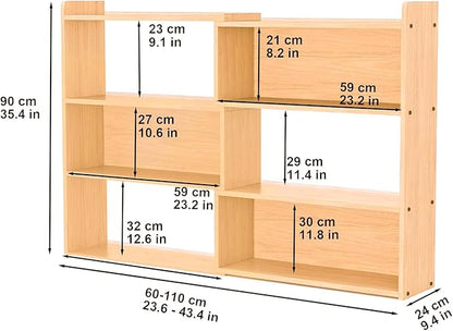 Wooden Extendable Bookcase,Open Low Bookshelf, 4-Shelf Storage Unit, Freestanding Bookcase for Small Spaces or Corners, Stylish Shelves for Living Room and Office (Wood Color, L)
