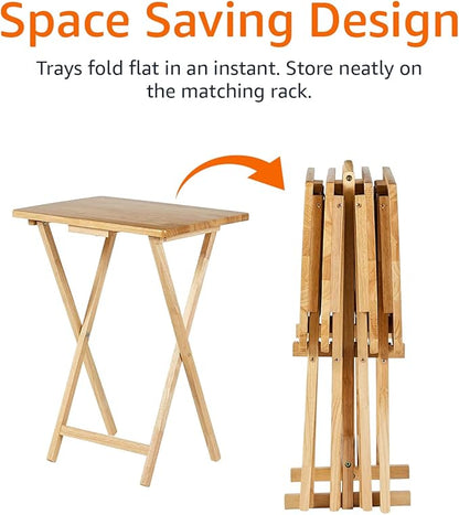 Amazon Basics Classic Foldable TV Dinner Tray Table with Storage Rack, 14.6 L x 19 W x 26 H inch, Natutral, 4-Pack