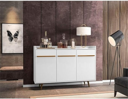 Manhattan Comfort Bradley Buffet Cabinet with Storage, Mid Century Modern Sideboard with 4 Shelves and Soft Close Doors, TV Stand Media Console for up to 50" Screens, 53.54" Long, White