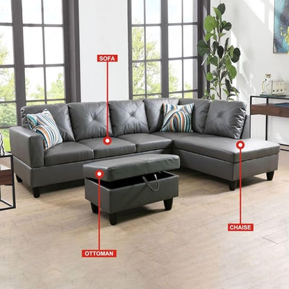 Dark Grey L-Shaped 3-Piece Faux Leather Sofa with Storage Ottoman Set, Sectional Couch Sofa Set for Living Room, Office, Small Space