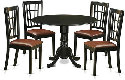 East West Furniture DLNI5-BLK-LC 5 Piece Dining Set Includes a Round Dining Room Table with Dropleaf and 4 Faux Leather Upholstered Kitchen Chairs, 42x42 Inch, Black