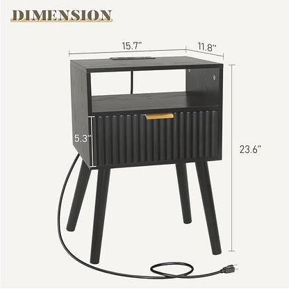 Black Nightstand with Charging Station, Mid Cetury Modern Nightstand with Drawers, Fluted End Side Table with Solid Wood for Bedroom, Dorm and Small Space (Black)