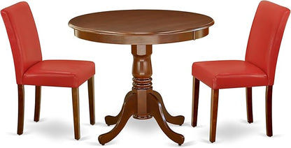East West Furniture ANAB3-MAH-72 3 Piece Dinette Set for Small Spaces Contains a Round Kitchen Table with Pedestal and 2 Firebrick Red Faux Leather Parsons Chairs, 36x36 Inch, Mahogany
