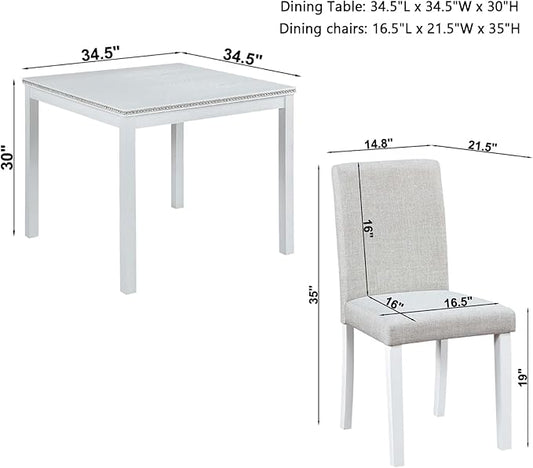 Dining Table Set for 4, 5-Piece Dining Room Table Set with Square Crystal Decoration Table & 4 Upholstered Backrest Chairs, Counter Height Kitchen Sets with Faux Wood Grain Design, White