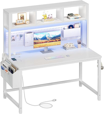White Computer Desk with Hutch and Pegboard - Computer Desk with Power Outlets, 47 Inch Modern Study Teen Desk with Pegboard Storage Bag, Hooks and Side Bag,Writing Desk for Bedroom Home Office