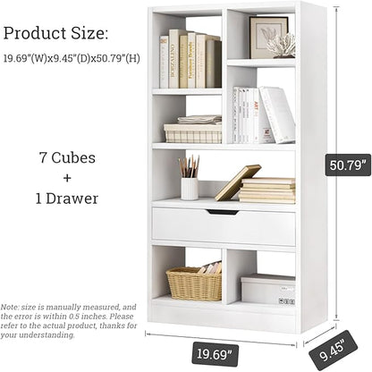 IOTXY Wooden Open Shelf Bookcase - 51 Inches Height Freestanding Display Storage Cabinet Organizer with 7 Cubes and a Drawer, Floor Standing Bookshelf in Warm White