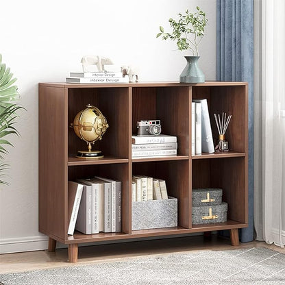 IOTXY Freestanding Open Cubes Bookcase - 2-Tier Floor Standing Wooden Storage Display Cabinet Organizer with Legs for Home Office, 6-Cubes Open Shelf Low Short Bookshelf, Walnut