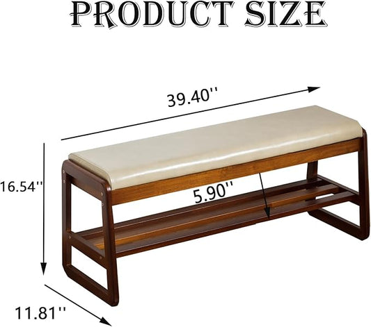 latifolia Solid Wood Bench, Entryway Shoe Bench with Cushion, 2 Tier Shoe Storage Organizer for Hallway, Living Room(Grey,39.70''L)