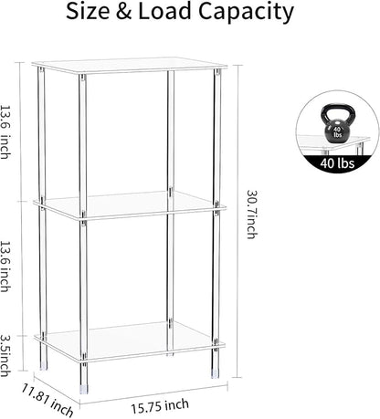 Acrylic Record Player Stand Set of 2, 3-Tier Clear Turntable Table with Vinyl Record Storage, 15.75" L x 11.81" W x 30.7" H, Tall Modern Side Table/End Table for Living Room, Bedroom