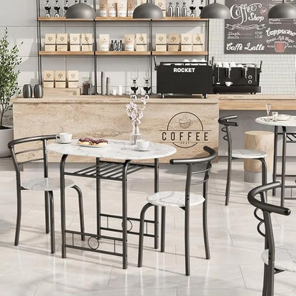 Shahoo 3-Piece Wooden Dining Table Set, Kitchen Breakfast Nook Sets with 2 Chairs & Round Tabletop, Space Saving Furniture Metal Frame and Built-in Wine Rack, Marble White & Black