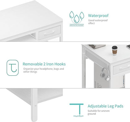 Lufeiya White Desk with Keyboard Tray Slide Out, 47 Inch Home Office Computer Desks with Fabric Drawers & Storage Shelves, Modern Simple Study Writing Table PC Desks for Bedroom, White