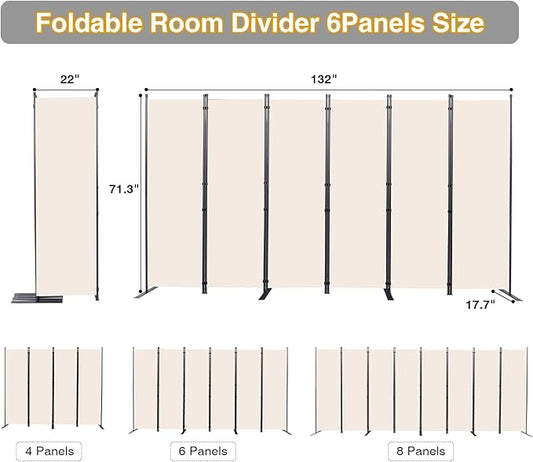 Room Divider, 6 Panel Folding Privacy Screens with Wider Support Feet, 6 Ft Portable Room Partition for Room Separator, 132" W X 71" H, Beige