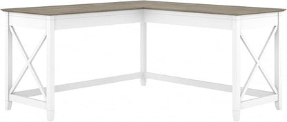 Bush Furniture Key West 60W Modern Farmhouse L Shaped Desk in Pure White and Shiplap Gray | 60-Inch Corner Table for Home Office