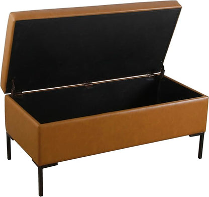 HomePop Upholstered Storage Bench with Metal Leg Home Décor|Bench with Storage for Living Room & Entryway - Faux Leather Brown