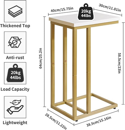 Small Side Tables C Shaped, End Table, Small Table Stand for Living Room Bedroom, Little Bedside Table 16x12x25 inch White+Gold YD-TM051WG-2