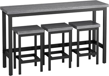 KEIKI 60.24” Long Bar High Top Dining Table and 3 Stools Chairs Set, Wood Behind Couch Sofa Counter Height Pub Furniture for Breakfast, Kitchen Living Party Room, Grey