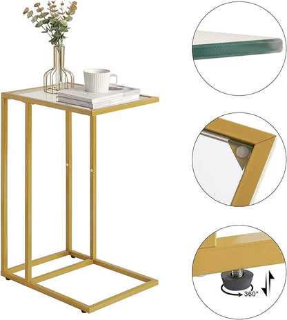 YMYNY C-Shaped End Table, Tempered Glass Sofa Side Table, nightstand for Small Place,Coffee Table for Hallway Office Bedroom Living Room, Metal Frame, Gold, 24.8 * 15.75 * 11.8" UHGD001G