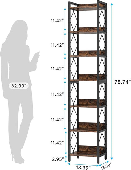 Tribesigns 78.7 Inch Extra Tall Narrow Bookshelf, 7-Tier Skinny Bookcase for Small Spaces, Freestanding Display Shelves, Multifunctional Corner Storage Organizer for Home Office, Rustic Brown
