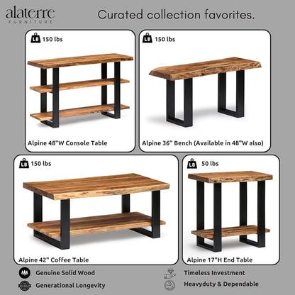 Alaterre Furniture Alpine Natural Live Edge Acacia Wood End Table with Metal Accents, 3-Tier Shelf Design, Includes Nylon Floor Protectors, Unique Industrial Rustic Style, Clear Natural Finish