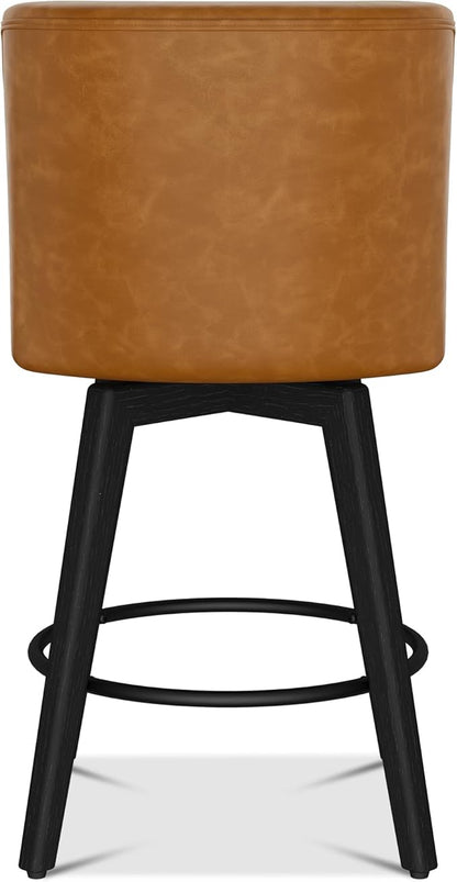 Counter Height Bar Stools Set of 3, Modern Swivel Barstools with Back and Wood Legs, Faux Leather Upholstered Bar Chairs, 26" H Kitchen Counter Stools, Kitchen Island Home Bar, Whisky Brown