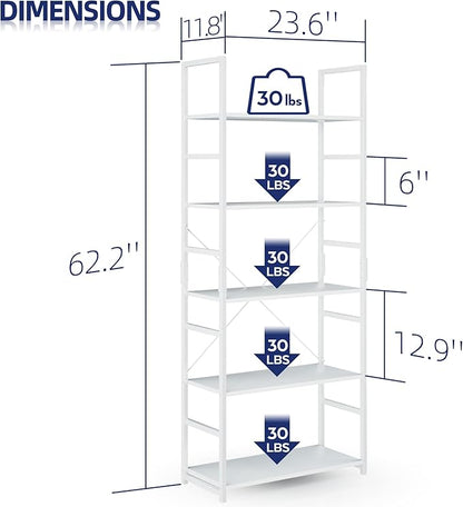 NUMENN 5 Tier Bookshelf, Tall Bookcase Shelf Storage Organizer, Modern Book Shelf for Bedroom, Living Room and Home Office, White