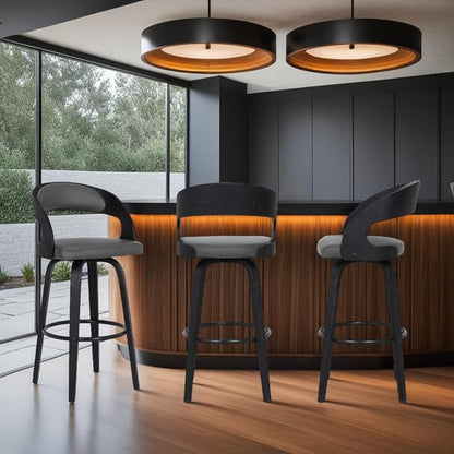 Armen Living Shelly 30" Bar Height Swivel Gray Faux Leather and Black Wood Bar Stool - Set of 4