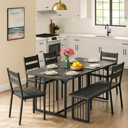 DWVO 63 Inch Dining Table Set for 6-8 People 6-Piece Large Kitchen Table Set with 2 Benches and 4 Chairs Farmhouse Rectangular Dining Room Table for Kitchen Dining Room Apartment Dark Grey