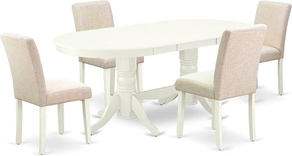 East West Furniture VAAB5-LWH-02 5 Piece Dining Room Table Set Includes an Oval Kitchen Table with Butterfly Leaf and 4 Light Beige Linen Fabric Parsons Chairs, 40x76 Inch, Linen White