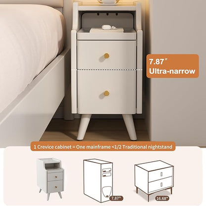 Small Nightstand with Drawers, Solid Wood Bedside Table, Narrow Walnut Nightstand for Bedroom