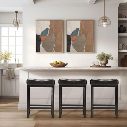 Counter Stools Set of 2 Upholstered Counter Height Bar Stools with Padded Seats and Metal Base, Leather Saddle Stool for Modern Kitchen Island, 22.4-Inch, Black