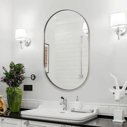 ANDY STAR Chrome Bathroom Mirror, 26x38’’ Oval Mirrors for Bathroom, Pill Shaped Mirror Chrome Metal Framed, SUS304 Anti-Rust, 1’’ Deep Wall-Mounted Vertically/Horizontally