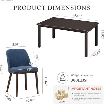 COLAMY 60 Inch Rectangular Kitchen Dining Table for 6, Modern Farmhouse Dining Table Set for 6, Wood Dining Table and Upholstered Dining Chairs for Kitchen, Dining Room, Restaurant, Brown/Blue