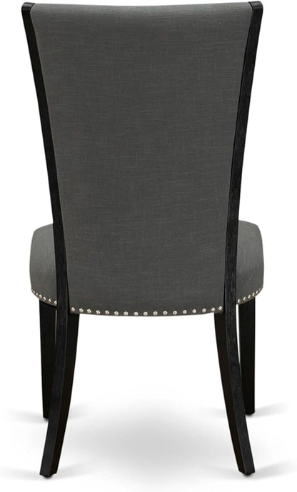 X07VE-B06-50 - 9-Pc Dining Room Table Set a Rectangular Dining Table and wooden Benches and 7 Dark Gotham Grey Linen Fabric Dining Chair, 39x120 Inch, Wire Brushed Black