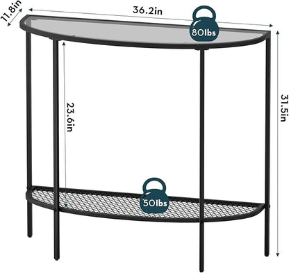 SAYGOER Glass Console Table 2 Tier Half Moon Entryway Table Modern Couch Table Small Entry Way Tables for Living Room Hallway, Easy Assembly, Gray Glass