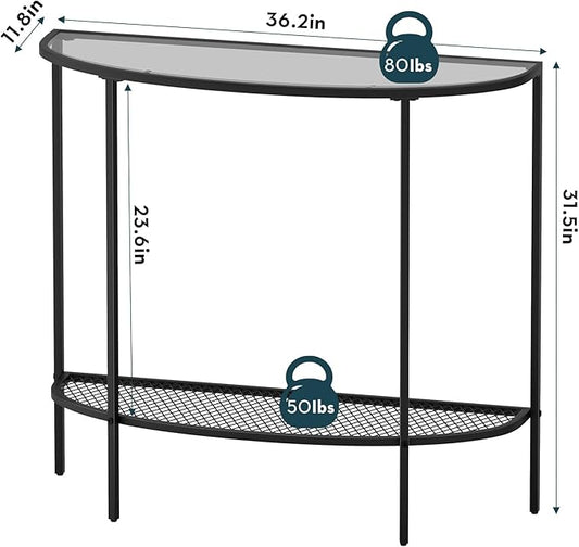 SAYGOER Glass Console Table 2 Tier Half Moon Entryway Table Modern Couch Table Small Entry Way Tables for Living Room Hallway, Easy Assembly, Gray Glass